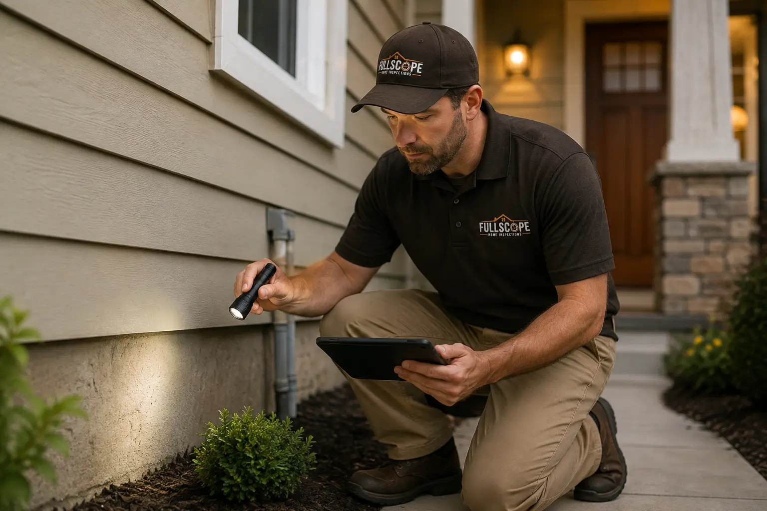 Full Scope home inspector examining the exterior foundation of a residential home during a professional home inspection